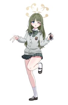 1girl blue_archive cardigan full_body green_hair halo highres long_hair one_eye_closed school_uniform socks solo standing standing_on_one_leg tsumugi_(blue_archive) white_socks youtube