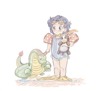 1girl absurdres aged_down bishoujo_senshi_sailor_moon blue_eyes blue_hair blush dragon goggles goggles_on_head highres holding holding_stuffed_toy inflatable_armbands inflatable_toy mercuri0ff mizuno_ami one-piece_swimsuit short_hair simple_background solo stuffed_animal stuffed_toy swimsuit white_background