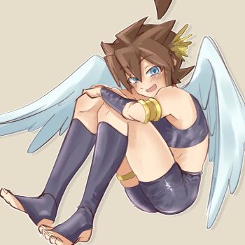 Rule 34 | 1boy, ahoge, angel wings, armlet, bare shoulders, bike shorts, blue eyes, brown hair, commentary request, crop top, curled up, full body, hair between eyes, highres, hugging own legs, jewelry, kid icarus, laurel crown, male focus, nintendo, open mouth, oyecomova08, pit (kid icarus), shirt, sleeveless, sleeveless shirt, smile, solo, stirrup footwear, toes, wings