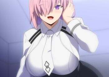 1girl blush breasts chaldea_uniform collared_shirt commentary_request fate/grand_order fate_(series) hair_between_eyes hair_over_one_eye hara_(harayutaka) highres large_breasts long_sleeves looking_at_viewer mash_kyrielight open_mouth original pink_hair purple_eyes shirt short_hair smile solo white_shirt