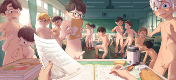 6+boys black_hair blonde_hair blue_eyes brown_eyes brown_hair caressing_testicles change_in_common_sense classroom cleft_of_venus commentary cuntboy d: desk english_commentary english_text erection flaccid foreskin glasses handjob highres indoors kodomo_doushi male_focus multiple_boys notebook nude open_mouth original penis phimosis pointing pov pov_hands precum pussy sandals school_desk shoes short_hair shota sitting small_penis standing tan tanline testicles toxyz uncensored very_short_hair white_hair yaoi
