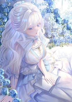 1girl blue_eyes blue_flower blue_rose book breasts colored_eyelashes commentary_request dress flower frilled_dress frills highres long_hair long_sleeves medium_breasts open_book original parted_lips puffy_long_sleeves puffy_sleeves rose see-through_clothes see-through_sleeves sitting socks solo toshi_(1-147) very_long_hair white_dress white_hair white_socks