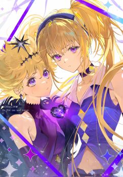 Rule 34 | 2girls, absurdres, blonde hair, choker, chyan 0012, collar, commentary request, dark jewel, dress, dutch angle, earrings, elbow gloves, gloves, hairband, halterneck, heart, highres, hoshina utau, jewelry, korean commentary, looking at viewer, magical girl, multiple girls, navel, purple dress, purple eyes, short hair, shugo chara!, sidelocks, sleeveless, sleeveless dress, sparkle, sugar sugar rune, turtleneck, twintails, upper body, vanilla mieux