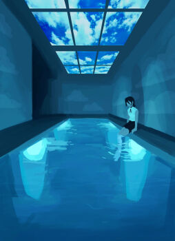 1girl black_hair black_shorts blue_theme chainsaw_man commentary english_commentary faceless faceless_female highres pool reze_(chainsaw_man) shirt short_shorts shorts sitting sleeveless sleeveless_shirt soaking_feet solo spect_ion window