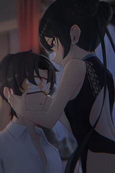 1boy 1girl absurdres back_cutout black_dress black_hair blue_archive blue_eyes blurry blurry_background braid braided_bun brown_hair china_dress chinese_clothes clothing_cutout commentary dark double_bun dragon_print dress dress_shirt from_side hair_bun hands_on_another's_face hetero highres indoors kisaki_(blue_archive) long_hair looking_ahead narumiru parted_lips partially_unbuttoned print_dress profile sensei_(blue_archive) shirt short_hair side_slit sleep_mask sleeveless sleeveless_dress twintails white_shirt