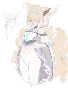 2girls ^^^ amayotw animal_ear_fluff animal_ears arknights bar_censor blonde_hair blue_hairband blue_skirt blush braid cameltoe cape censored closed_eyes clothes_lift detached_sleeves dress dress_lift flat_chest fox_ears fox_girl fox_tail hairband half-closed_eyes highres kitsune loli looking_at_another material_growth mother_and_daughter multicolored_hair multiple_girls multiple_tails narrowed_eyes navel nervous nervous_smile no_panties off_shoulder open_mouth oripathy_lesion_(arknights) pantyhose rope shimenawa shiny_skin short_sleeves simple_background sketch skirt skirt_lift smile standing stomach suzuran_(arknights) sweat tail two-tone_hair vulpisfoglia_(arknights) white_background white_cape white_dress white_hair white_pantyhose