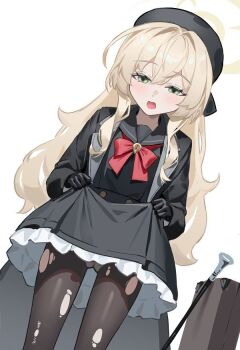1girl blonde_hair blue_archive formal_clothes long_hair looking_at_viewer niyaniya_(blue_archive) open_mouth school_uniform suit upper_body white_background