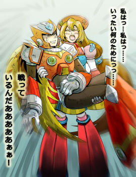 1boy 1girl android armor beret blonde_hair brown_hair capcom carrying dress closed_eyes hat helmet iris_(mega_man) kiwakiwa long_hair mega_man_(series) mega_man_x4 mega_man_x_(series) open_mouth parody ponytail princess_carry robot role_reversal translation_request zero_(mega_man)