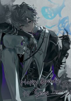 1boy bead_necklace beads black_coat black_gloves blue_eyes coat commentary cross earrings ensemble_stars! fingernails flower flower_hairpin gloves grey_hair hair_between_eyes hand_up high_collar highres holding holding_cross jewelry latin_cross lavender_(flower) layered_sleeves leaning_on_object leg_up light_smile long_sleeves male_focus multiple_rings necklace pants ring sena_izumi_(ensemble_stars!) sharp_fingernails short_hair short_over_long_sleeves short_sleeves sitting skull solo strap symbol-only_commentary thorn72132528 white_pants