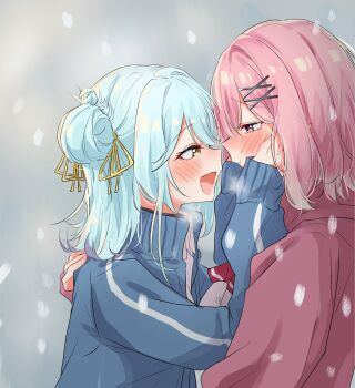 2girls amaori_renako ashigaya_high_school_uniform blue_hair blue_jacket blush collared_shirt commentary_request eye_contact fang hair_bun hand_on_another's_back hands_on_another's_face highres hood hoodie jacket koyanagi_kaho looking_at_another medium_hair multiple_girls nuooooodoomo open_mouth outdoors pink_hair pink_hoodie school_uniform shirt single_side_bun skin_fang smile snowing track_jacket watashi_ga_koibito_ni_nareru_wake_naijan_murimuri! white_shirt yellow_eyes yuri