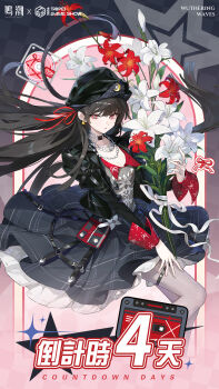 1girl black_hair black_hat black_jacket black_skirt breasts chisa_(wuthering_waves) choker cleavage earrings flower hat highres jacket jewelry necklace official_art red_eyes skirt solo wuthering_waves