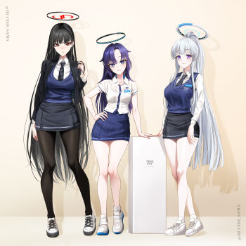 Rule 34 | 3girls, absurdres, alternate costume, alternate hairstyle, black hair, black jacket, black necktie, black pantyhose, black skirt, blazer, blue archive, blue skirt, blue sweater vest, blush, breasts, bucho sama, closed mouth, commentary, english commentary, full body, halo, hand on own hip, highres, jacket, large breasts, long hair, long legs, looking at viewer, medium breasts, mixed-language commentary, multiple girls, necktie, noa (blue archive), pantyhose, pleated skirt, ponytail, purple eyes, purple hair, red eyes, rio (blue archive), school uniform, shirt, shoes, sidelocks, skirt, smile, socks, sweater vest, very long hair, white halo, white shirt, white shoes, white socks, yuuka (blue archive)