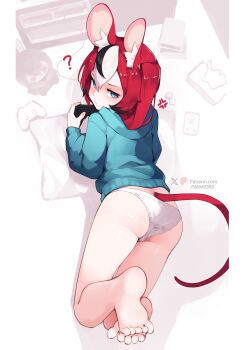 1girl ? absurdres alternate_costume anger_vein animal_ears ass bare_legs barefoot black_hair blue_eyes blue_hoodie breasts commentary controller english_commentary fake_animal_ears feet game_controller hakos_baelz highres holding holding_controller holding_game_controller hololive hololive_english hood hoodie long_hair long_sleeves looking_at_viewer looking_back lying medium_breasts mouse_girl mouse_tail multicolored_hair namiorii no_pants on_stomach panties patreon_logo patreon_username red_hair soles solo streaked_hair tail the_pose toes underwear virtual_youtuber white_hair white_panties