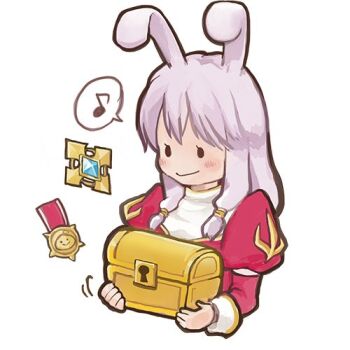 Rule 34 | 1girl, animal ears, blush, closed mouth, commentary request, dress, gobaku no hito, high priest (ragnarok online), holding, juliet sleeves, long hair, long sleeves, lowres, medal, musical note, puffy sleeves, purple hair, rabbit ears, rabbit girl, ragnarok masters, ragnarok online, red dress, simple background, smile, solid circle eyes, solo, spoken musical note, treasure chest, upper body, white background
