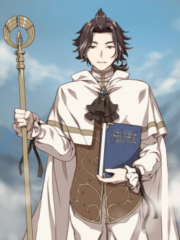 1boy aqua_gemstone ascot black_ascot blue_eyes blue_sky blurry blurry_background book brown_vest cloak commentary_request cowboy_shot cyrus_albright fog gem gold_trim holding holding_book holding_staff long_sleeves looking_at_viewer low_ponytail male_focus octopath_traveler octopath_traveler_i open_mouth outdoors pants parted_bangs ponytail shikimiorange short_hair short_ponytail sky solo staff vest white_cloak white_pants