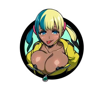1girl alternate_breast_size_(larger) aqua_eyes bandeau black_hair black_mask blonde_hair blush breasts breasts_squeezed_together canari_(pokemon) cleavage collarbone dark-skinned_female dark_skin heart_pasties jacket large_breasts licking_lips looking_at_viewer mask mask_pull mouth_mask multicolored_hair nintendo nipples pasties piercing pokemon pokemon_legends:_z-a purple_eyes saliva simple_background smile solo split-color_hair sweat tongue tongue_out tongue_piercing upper_body white_background yellow_bandeau yellow_jacket yellow_mask