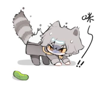 ! !! 1boy all_fours animal_ears black_coat caelus_(honkai:_star_rail) chibi chibi_only chinese_commentary coat commentary_request full_body grey_hair hair_between_eyes honkai:_star_rail honkai_(series) kemonomimi_mode leonrui long_sleeves lowres male_focus no_mouth pickle raccoon_ears raccoon_tail shadow short_hair simple_background solo standing sweat tail trailblazer_(honkai:_star_rail) v-shaped_eyebrows white_background yellow_eyes