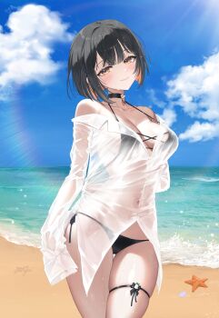 1girl absurdres bare_shoulders beach bikini black_bikini black_choker black_hair breasts choker cleavage closed_mouth cloud colored_inner_hair covered_navel cowboy_shot day halterneck head_tilt hibiwa highres large_breasts long_sleeves looking_at_viewer multicolored_hair no_pants off_shoulder orange_eyes orange_hair outdoors shirt short_hair side-tie_bikini_bottom sitry_(vtuber) skindentation sleeves_past_fingers sleeves_past_wrists smile solo standing strap_gap string_bikini sunlight swimsuit thigh_gap thigh_strap thighs two-tone_hair v-lup virtual_youtuber water wet white_shirt