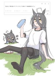 Rule 34 | 1girl, :o, ahoge, animal ears, black hair, black pantyhose, black shorts, black trim, bottle, chibi, chibi inset, collarbone, ear tag, foot out of frame, grass, gym uniform, hair between eyes, hand rest, hand up, highres, holding, holding bottle, horse ears, horse girl, horse tail, knees up, long hair, long hair between eyes, looking at viewer, manhattan cafe (umamusume), multicolored shoes, no shoes, odaibako, on grass, on ground, open mouth, pantyhose, puffy short sleeves, puffy sleeves, red shoes, semicolon chan, shirt, shoes, short sleeves, shorts, soles, sweat, tail, translation request, twitter username, two-tone shoes, umamusume, unworn shoes, very long hair, watermark, white background, white shirt, white shoes, yellow eyes