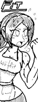 1girl archived_source collarbone commentary english_commentary miiverse monochrome navel pants ponytail poopishness print_tank_top running solo sweat tank_top toned toned_female wii_fit_trainer wii_fit_trainer_(female) yoga_pants