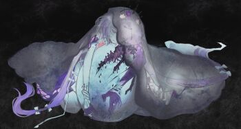 1girl absurdres bare_shoulders bdsm bondage bound bow bug butterfly castorice_(honkai:_star_rail) crown dark_background egg flower hair_flower hair_ornament highres honkai:_star_rail honkai_(series) hugging_object insect long_hair poursuu purple_hands sitting veil white_bow white_hair