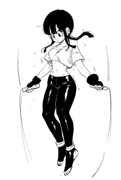 1girl breasts chi-chi_(dragon_ball) collarbone crop_top dragon_ball exercising fingerless_gloves full_body ghouse_01 gloves highres jump_rope jumping looking_down midriff parted_lips simple_background small_breasts solo stirrup_legwear sweat tagme toeless_legwear toes toned toned_female white_background