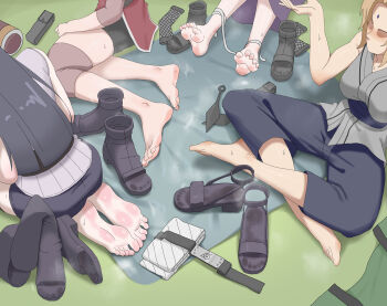 4girls absurdres barefoot black_hair blonde_hair feet haruno_sakura highres hyuuga_hinata light_blush long_hair mature_female multiple_girls naruto_(series) paxa349 sandals shoes soles steam sweat toes tsunade_(naruto) unworn_shoes yamanaka_ino
