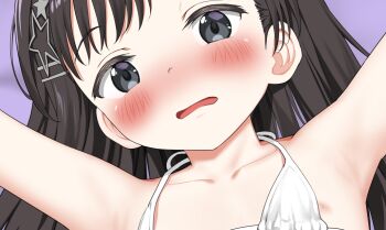 1girl armpits black_hair blush close-up collarbone commentary_request grey_eyes hair_ornament hairclip loli long_hair nedia_(nedia_region) nipples original paid_reward_available parted_lips purple_background solo star_(symbol) star_hair_ornament upper_body wavy_mouth