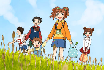 2girls 4boys babywearing bag bandaid bandaid_on_face blue_eyes brown_hair denim denim_shorts denim_skirt double_bun grass green_shorts hair_bun hair_ornament hair_scrunchie handbag highres holding holding_bag holding_hands hood hoodie idolmaster idolmaster_(classic) medium_hair multiple_boys multiple_girls naruse_ill orange_hoodie red_skirt scrunchie shirt short_hair shorts siblings skirt sky smile socks takatsuki_chousuke takatsuki_kasumi takatsuki_kouji takatsuki_koutarou takatsuki_kouzou takatsuki_yayoi twintails white_shirt white_socks