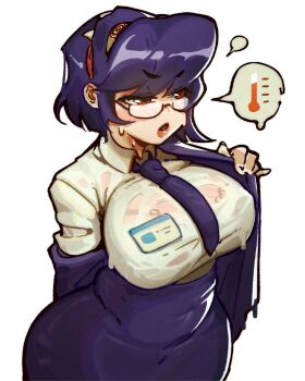 Rule 34 | 1girl, @ @, alternate costume, alternate hairstyle, blue hair, blush, bra, breasts, bubene, filia (skullgirls), glasses, highres, lace, lace-trimmed bra, lace trim, large breasts, medium hair, necktie, office lady, open mouth, red eyes, red lips, removing jacket, samson (skullgirls), see-through clothes, see-through shirt, semi-rimless eyewear, shirt, skullgirls, solo, speech bubble, sweat, thermometer, thick thighs, thighs, underwear, undressing, upper body, wet, wet clothes, wide hips