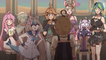 Rule 34 | 6+girls, absurdres, ahoge, animal ear fluff, animal ears, ashton marten (vtuber), black hair, black jacket, blonde hair, blue overalls, blue streaks, buruhas, cat ears, character doll, chinchilla ears, chinchilla girl, dokibird, dokibird (bounty hunter), doll, dooby, dress, feather hair, ferret ears, ferret girl, fins, fish tail, fishnet thighhighs, fishnets, gloves, gradient hair, green eyes, green hair, grey hair, hair between eyes, hair ornament, hat, henya the genius, highres, indie virtual youtuber, jacket, kippu (dooby), laimu (vtuber), lifebuoy hair ornament, long bangs, long hair, low twintails, medium hair, multicolored hair, multiple girls, mumble (shachimu), neckerchief, nervous sweating, open mouth, overalls, purple dress, purple hair, purple jacket, sameko saba, scar, shaded face, shirt, short hair, skirt, streaked hair, sweat, tail, tearing up, thighhighs, twintails, two-tone hair, very long hair, virtual youtuber, white dress, white gloves, white shirt, x hair ornament