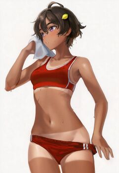 1girl ai-assisted aruhshura black_hair buruma food-themed_hair_ornament hair_ornament lemon_hair_ornament make_heroine_ga_oo_sugiru! pulling_own_clothes pulling_panties_aside purple_hair red_buruma red_sports_bra short_hair sports_bikini sports_bra stomach sweat tan tanline tomboy white_background wiping_sweat yakishio_lemon