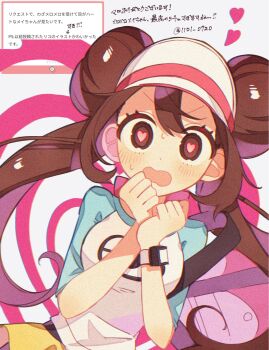 1girl black_pantyhose blush breasts brown_eyes brown_hair donut_hair_bun double_bun hair_bun hat heart heart-shaped_pupils highres long_hair looking_at_viewer nintendo open_mouth pantyhose pantyhose_under_shorts poke_ball_print pokemon pokemon_bw2 raglan_sleeves rosa_(pokemon) shirt shorts solo sumeragi1101 symbol-shaped_pupils twintails visor_cap xtransceiver yellow_shorts