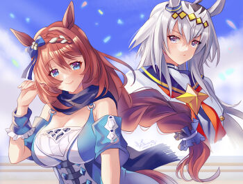 2girls ahoge animal_ears blue_dress blue_eyes blue_sailor_collar blue_scarf blush bow braid braided_ponytail breasts brooch brown_hair cleavage closed_mouth dress ear_bow ear_ornament ear_ribbon grey_hair hair_between_eyes hairband horse_ears horse_girl horse_tail jacket jewelry kevn large_breasts long_hair long_sleeves looking_at_viewer multicolored_hair multiple_girls neckerchief oguri_cap_(starlight_beat)_(umamusume) oguri_cap_(umamusume) red_neckerchief sailor_collar scarf shirt smile star_brooch streaked_hair super_creek_(murmuring_stream)_(umamusume) super_creek_(umamusume) tail umamusume very_long_hair white_hair white_jacket white_shirt