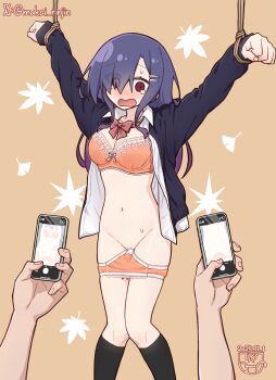 1girl 2others arms_up asymmetrical_bangs bdsm black_cardigan black_socks blush bondage bound bound_wrists bow bow_bra bowtie bra breasts cardigan cellphone cleavage clenched_hands commentary_request convenient_censoring dated embarrassed feet_out_of_frame hair_over_one_eye highres holding holding_phone humiliation kneehighs large_breasts long_bangs long_hair long_sleeves mukai_rinjin multiple_others navel no_pants nose_blush one_eye_covered open_cardigan open_clothes open_mouth open_shirt orange_background orange_bra orange_panties original out_of_frame panties panty_pull phone purple_hair raised_inner_eyebrows red_bow red_bowtie red_eyes school_uniform shirt smartphone socks stomach sweat taking_picture tearing_up twitter_username underwear wavy_mouth white_shirt