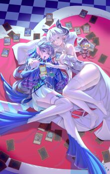 2girls absurdres arianna_the_labrynth_servant arianne_the_labrynth_servant arias_the_labrynth_butler blue_dress blue_eyes breasts card card_game character_doll closed_mouth commentary_request demon_girl demon_horns detached_collar detached_sleeves doll dress drill_hair duel_monster fins fish_girl full_body grabbing_another&#039;s_breast grey_eyes grey_hair groping head_fins highres horns kitkallos_(yu-gi-oh!) knight_(yu-gi-oh!) labrynth_chandraglier labrynth_cooclock labrynth_stovie_torbie long_hair long_sleeves looking_at_another looking_at_viewer lovely_labrynth_of_the_silver_castle lying multiple_girls open_mouth pillow playing_games rare_lemon skirt sleeveless sleeveless_dress smile stuffed_toy tearlaments_havnis tearlaments_kitkallos tearlaments_merrli tearlaments_rulkallos tearlaments_scheiren thighhighs twin_drills white_dress white_skirt white_thighhighs yu-gi-oh! yuri