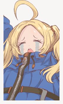 1girl ahoge arms_up blonde_hair blue_coat border closed_eyes coat commentary_request crying crying_with_eyes_open diana_(pragmata) meme open_mouth pettan_(zeez4743) pragmata solo tears teeth uohhhhhhhhh!_(meme) upper_teeth_only white_background white_border