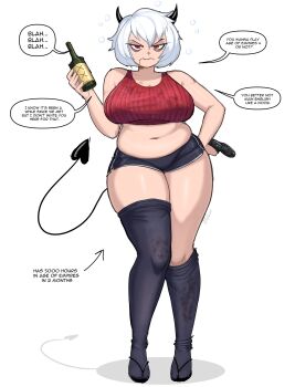 absurdres alcohol alternate_body_size arrow_(symbol) bare_shoulders black_horns black_thighhighs blue_shorts bottle breasts bubble closed_mouth commentary contrapposto controller crop_top demon_girl demon_horns demon_tail english_commentary english_text fat_rolls frown game_controller hand_on_own_hip hand_up helltaker highres holding holding_bottle horns large_breasts looking_at_viewer malina_(helltaker) midriff navel plump red_eyes red_shirt shirt short_hair shorts simple_background sleeveless sleeveless_shirt speech_bubble tail tallinax thick_thighs thighhighs thighs white_background white_hair