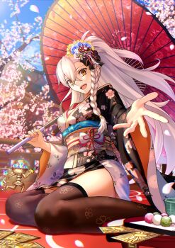 1girl absurdres ahoge alternate_costume apple blush braid breasts chalice cherry_blossoms commentary_request cup dango fate/grand_order fate_(series) floral_print food fruit golden_apple harukey highres holding holding_umbrella holy_grail_(fate) japanese_clothes kimono long_hair long_sleeves looking_at_viewer mochi obi oil-paper_umbrella olga_marie_animusphere open_mouth orange_eyes red_umbrella saint_quartz_(fate) sakura_mochi sanshoku_dango sash side_braid smile umbrella umbrella_over_shoulder wagashi white_hair wide_sleeves