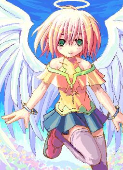 1girl angel angel_wings aqua_eyes archived_source bare_shoulders blue_skirt bracelet closed_mouth covered_collarbone cross feathered_wings hair_between_eyes halo iska jaggy_lines jewelry leg_up miniskirt original pink_hair pleated_skirt purple_thighhighs red_shoes shirt shoes short_hair skirt smile solo spread_wings thighhighs traditional_halo white_wings wings yellow_halo yellow_shirt zettai_ryouiki