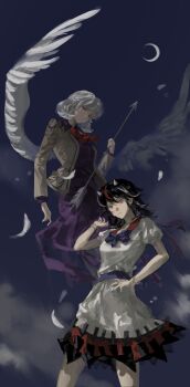 2girls absurdres arrow_(projectile) arrow_print bow chinese_commentary closed_mouth cloud cloudy_sky commentary cone_horns crescent_moon dress feathered_wings feathers flying grey_hair grey_horns grey_wings hand_on_own_hip highres holding holding_arrow horns jacket kijin_seija kishin_sagume looking_at_viewer moon multicolored_hair multiple_girls night night_sky purple_dress red_eyes short_hair single_wing sky small_horns streaked_hair tansuyuli touhou white_hair white_horns white_wings wings