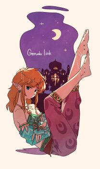1boy anklet aqua_eyes aqua_shirt aqua_sleeves bare_shoulders barefoot bead_anklet beads blonde_hair bridal_gauntlets character_name crescent_moon crop_top crossdressing crossdressing_(mtf) crossed_arms detached_sleeves earrings full_body gem gerudo_set_(zelda) gold_trim harem_outfit harem_pants head_chain highres jewelry link long_hair male_focus midriff moon nintendo official_alternate_costume palace pants pointy_ears print_pants purple_pants red_gemstone shirt sidelocks solo the_legend_of_zelda the_legend_of_zelda:_breath_of_the_wild tkdnlerkdtpfsut