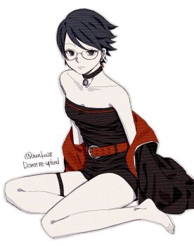1girl bare_shoulders barefoot black_choker black_eyes black_hair black_jacket black_romper boruto:_two_blue_vortex breasts choker cleavage collarbone commentary_request earrings full_body glasses highres jacket jewelry naruto_(series) onka_(aun_ka28) romper short_hair sitting small_breasts solo thigh_strap twitter_username two-sided_fabric uchiha_sarada watermark yokozuwari