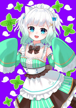Rule 34 | 1girl, :d, absurdres, ahoge, black bow, black bowtie, blue bow, blue eyes, blush, bow, bowtie, breasts, commentary, cowboy shot, detached collar, detached sleeves, dress, english commentary, frilled sleeves, frills, ghost, ghost pose, gradient hair, green dress, green hair, green sleeves, hair bow, hair ornament, highres, indie virtual youtuber, kroble, long sleeves, maid, maid headdress, mint, mint fantome, mint fantome (minto 2.0), multicolored hair, open mouth, pointy ears, purple background, short hair, sleeve garter, small breasts, smile, solo, triangular headpiece, two-tone hair, two side up, variant set, very long sleeves, virtual youtuber, white hair, wide sleeves, x hair ornament