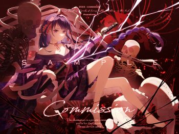 1girl absurdres arm_up bare_legs barefoot blunt_bangs bone braid breasts cleavage closed_mouth collarbone commentary_request commission electricity feet from_side genshin_impact glowing glowing_sword glowing_weapon hair_ornament highres holding holding_sword holding_weapon japanese_clothes kimono long_braid long_hair long_sleeves looking_at_viewer looking_to_the_side medium_breasts mole mole_under_eye nanakaria neck_ribbon off_shoulder purple_eyes purple_hair purple_kimono raiden_shogun red_background red_ribbon red_sash ribbon sash sheath single_braid sitting skeleton solo sword unsheathing weapon wide_sleeves