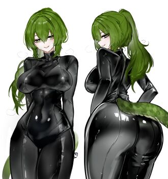 1girl absurdres arknights arknights:_endfield arms_behind_back ass black_bodysuit blush bodysuit breasts collarbone commentary covered_navel cowboy_shot crocodile_girl crocodilian_tail english_commentary fluorite_(arknights) from_below green_eyes green_hair heart highres large_breasts latex latex_bodysuit lizard_tail long_hair looking_at_viewer looking_back parted_lips ponytail simple_background smile smoke solo steaming_body sweat tail teeth wawamachi white_background