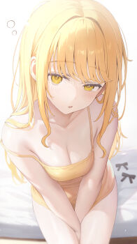 1girl absurdres air_bubble arms_between_legs bed_sheet blonde_hair blush breasts bubble camisole cleavage collarbone commentary_request drooling fang from_above fujita_kotone gakuen_idolmaster hair_intakes hibimaru highres idolmaster long_hair looking_at_viewer medium_breasts mouth_drool no_pants on_bed open_mouth sitting skin_fang solo spaghetti_strap strap_slip tearing_up thighs yellow_camisole yellow_eyes