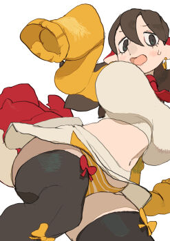 1girl absurdres black_thighhighs blush borrowed_character bow breasts brown_hair crop_top curvy earrings hair_between_eyes highres huge_breasts jewelry koki_(ryoushikiha) long_sleeves miniskirt navel necktie nigiri_(karu) original panties pantyshot pointy_ears pointy_nose red_bow red_necktie simple_background skirt sleeves_past_wrists smile solo striped_clothes striped_panties sweatdrop tail thighhighs underwear white_background yellow_bow yellow_panties