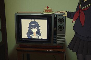 Rule 34 | 2girls, :o, ahoge, amemori sayo, amemori sayo (1st costume), black hair, black pantyhose, black sailor collar, black serafuku, black shirt, black skirt, cake, cowboy shot, crossed bangs, crt, food, hair between eyes, hand up, head out of frame, highres, indoors, izumo kasumi (nijisanji), long hair, long sleeves, miniskirt, multiple girls, neckerchief, nijisanji, nkymyura, open mouth, pantyhose, plate, pleated skirt, red neckerchief, sailor collar, school uniform, serafuku, shadow, shirt, sidelocks, skirt, sleeve cuffs, strawberry shortcake, table, television, virtual youtuber