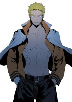 Rule 34 | 1boy, abs, belt, black belt, black pants, blonde hair, blue eyes, closed mouth, collarbone, cowboy shot, dal chan, facial mark, furrowed brow, hands in pockets, highres, jacket, jacket on shoulders, looking at viewer, male focus, muscular, muscular male, naruto (series), open clothes, open jacket, open shirt, orange shirt, pants, pectorals, shirt, short hair, solo, spiked hair, uzumaki naruto, whisker markings, white background, white jacket